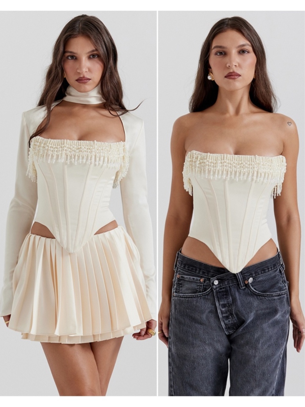 NEW House of CB Aubrie Embellished Satin Top and Shrug Set Vintage Cream Small